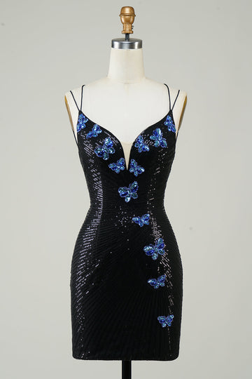 Black Glitter Tight Short Formal Dress with Sequins Butterflies
